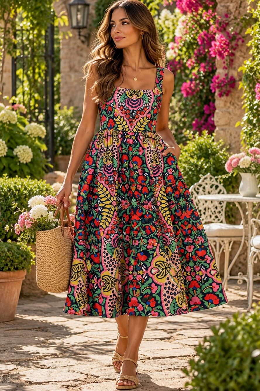 Boden Square Neck Floral Midi Dress M Multicolor Cotton Fit & Flare Pockets Boho